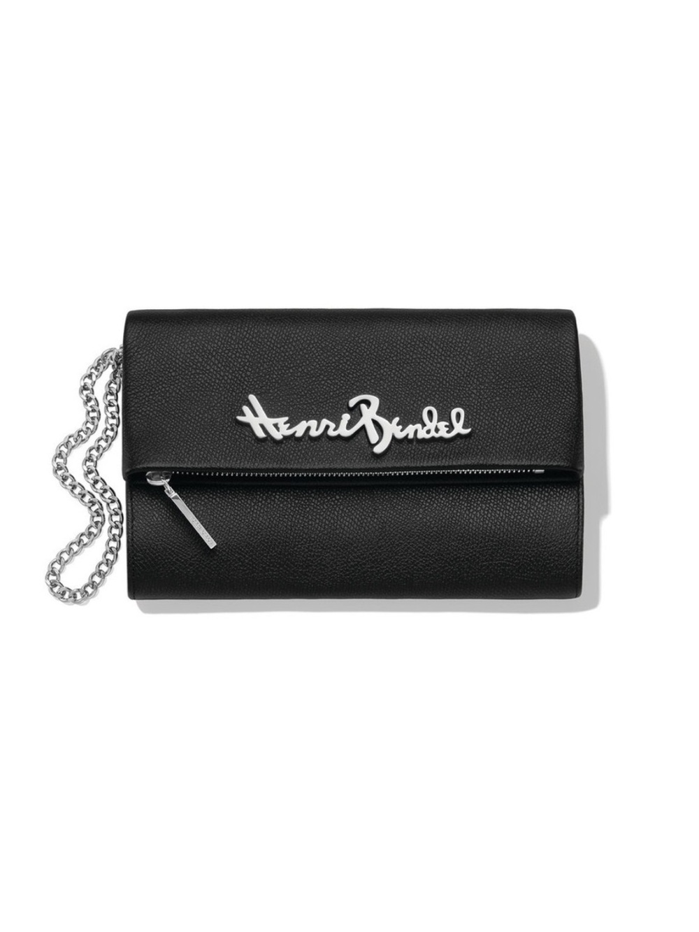 Henri Bendel Black Pebbled Leather Chain Clutch with Script Logo